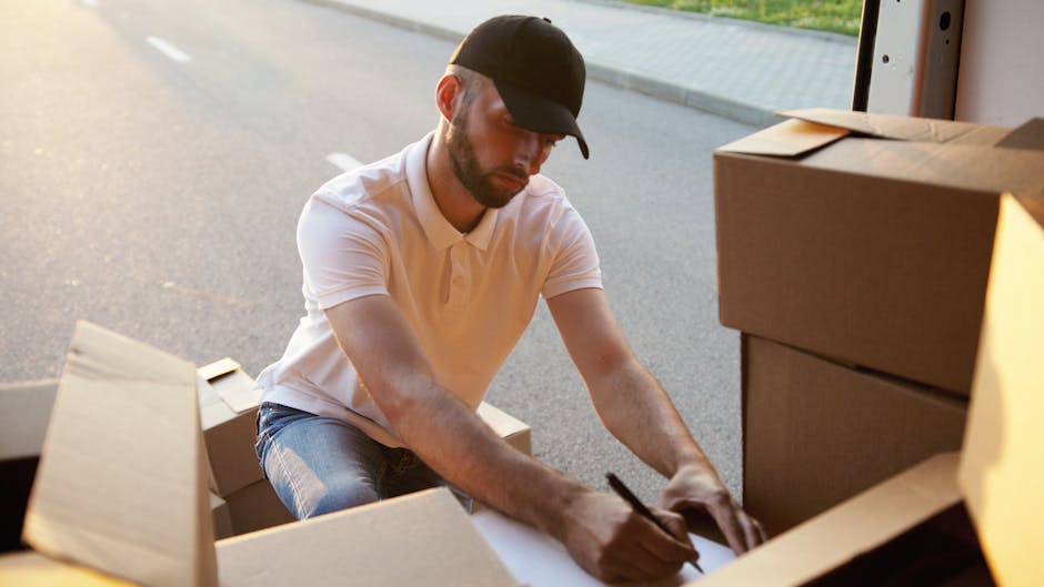 A man with dark skin and short curly hair, wearing a maroon t-shirt and orange pants, is sitting on the floor inside a room surrounded by stacked cardboard boxes used for house removals. He is holding an open box with one hand, while other boxes labeled 'fragile' and containing packing materials are visible around him. The room has a partially blue and beige wall in the background. The scene depicts the packing process during home relocation, with the man preparing items for transport. This image naturally relates to moving logistics and packing services offered by South Lambeth Removals, emphasizing careful handling of possessions during furniture transport and loading in preparation for residential moves.