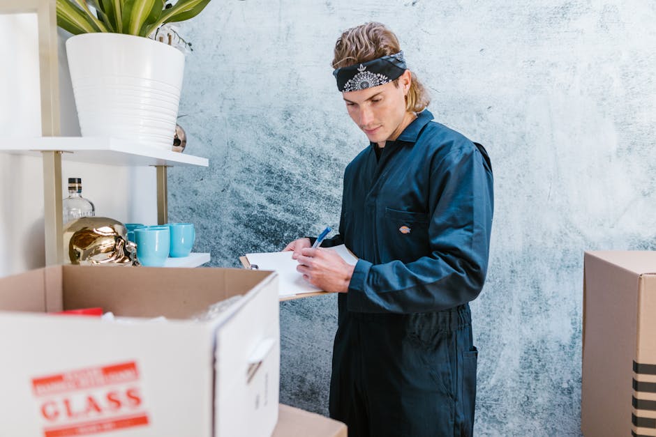 A young man wearing a navy blue work uniform and a black bandana with white patterns is inside a room, standing next to a cardboard box filled with packing materials. He is holding a clipboard and a pen, taking notes or checking a list related to house removals or packing. To his left, there are white shelves holding a white ceramic pot with a green plant, a clear glass bottle, and several blue ceramic cups. Behind him, a textured white wall provides a neutral background, and in front of him, additional packing boxes are visible. The scene depicts a professional packing or loading process as part of a house relocation or furniture transport service, emphasizing careful handling of items prior to moving. Though focused on packing, the environment reflects the logistical planning involved in moving services offered by South Lambeth Removals, aligned with guidelines like the Lambeth Council permit for heavy removals.